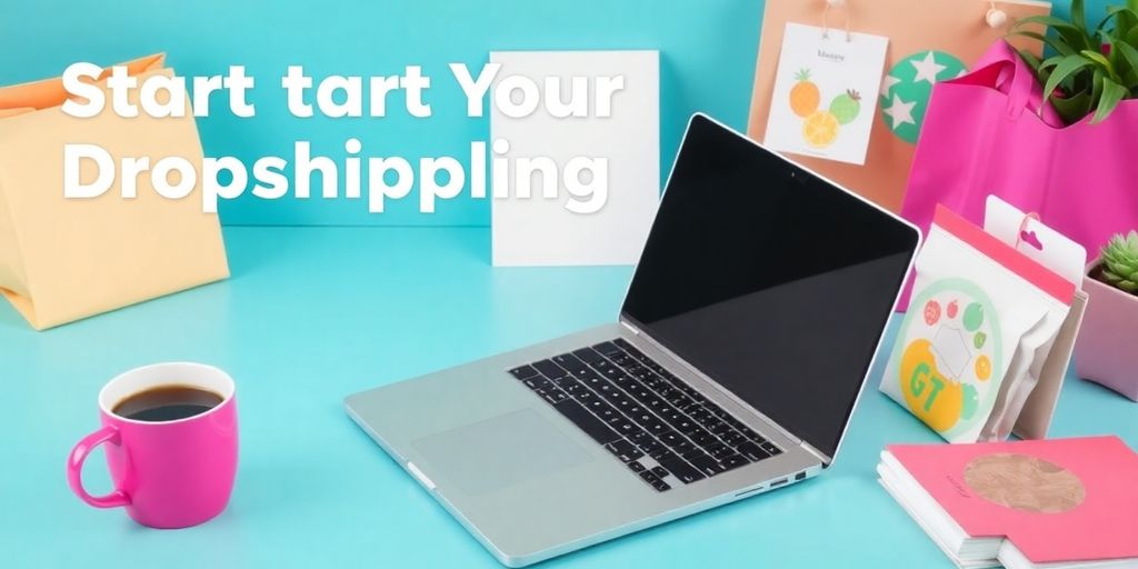 Laptop and products on a desk for dropshipping.
