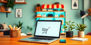 Photograph of a laptop and online store products.