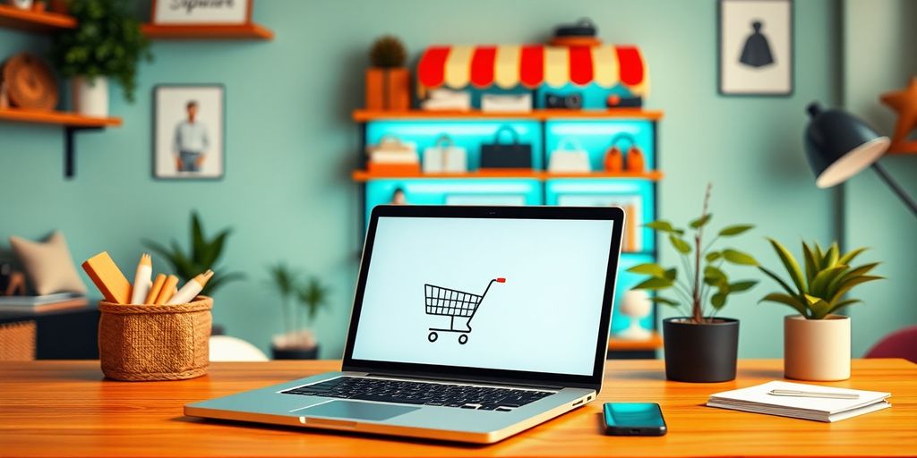 Photograph of a laptop and online store products.