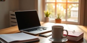 Vibrant workspace with laptop, planner, and coffee cup.