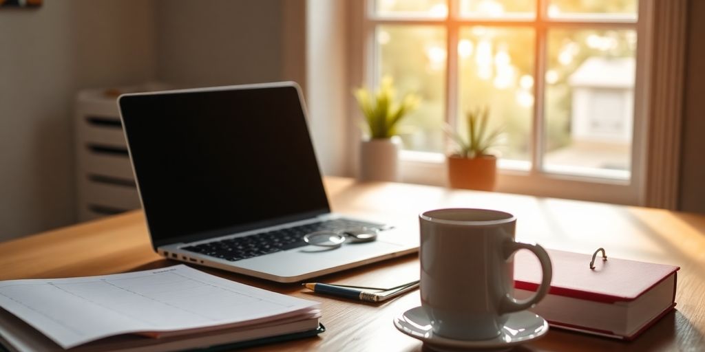 Vibrant workspace with laptop, planner, and coffee cup.