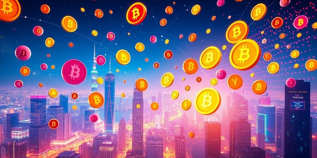 Colorful cryptocurrency coins above a modern city skyline.