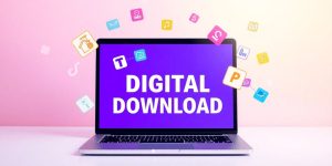 Laptop with floating icons of digital downloads around it.