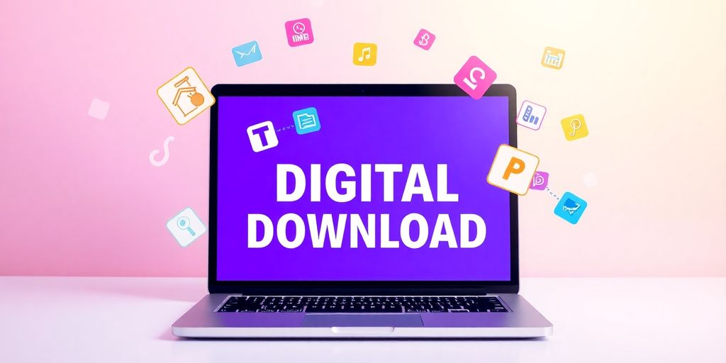 Laptop with floating icons of digital downloads around it.