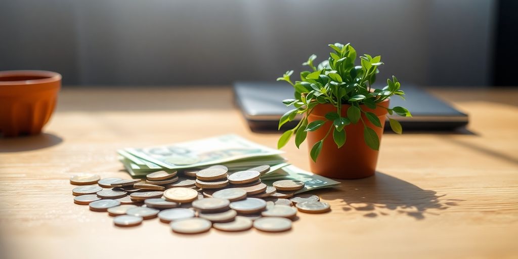 Coins, banknotes, and a small plant on a desk.