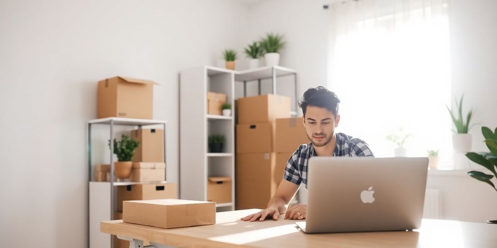 Entrepreneur with laptop and boxes in home office.