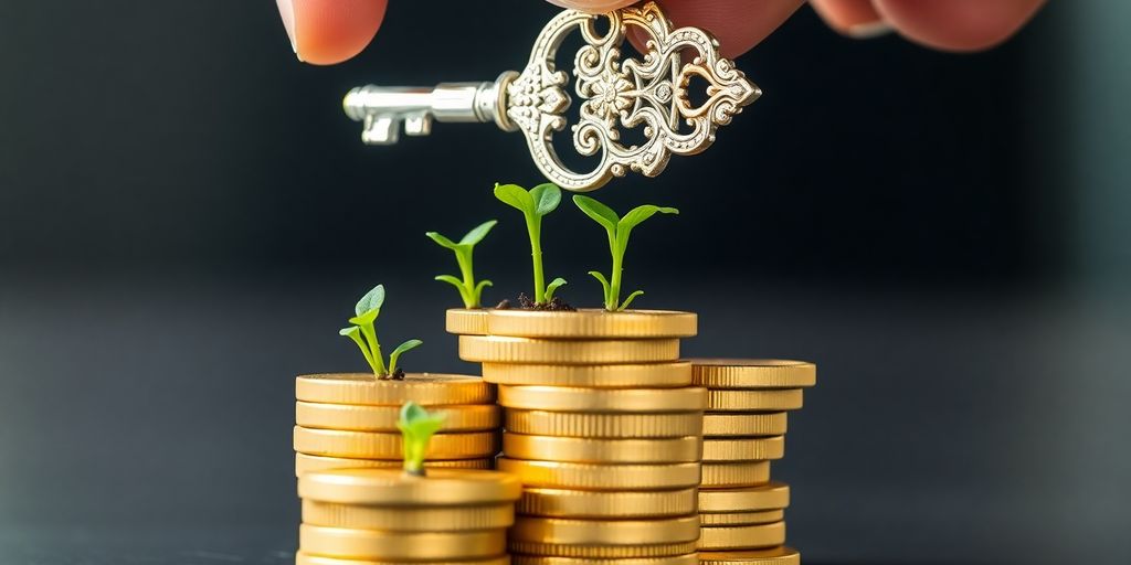 Coins stack, growing plants, hands holding key.