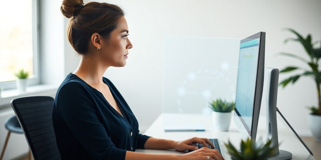 Woman typing on laptop with virtual assistant hologram.