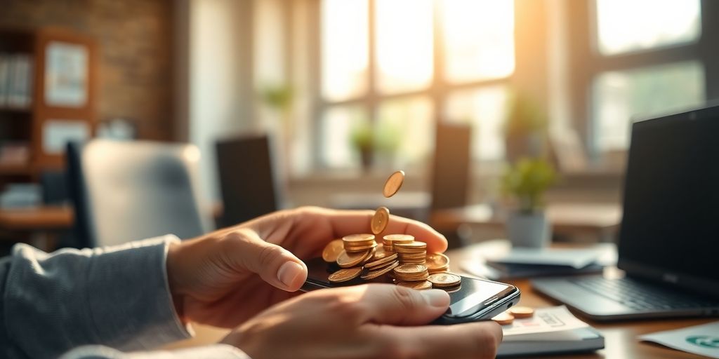 Person holding phone, surrounded by money.