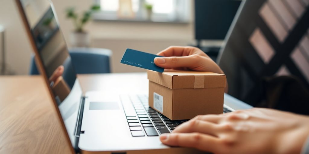 Laptop, credit card, and shipping box on desk.