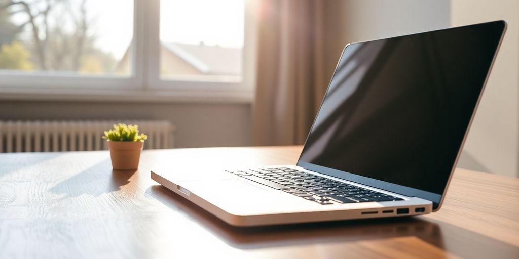 Laptop on desk with plant, warm light.